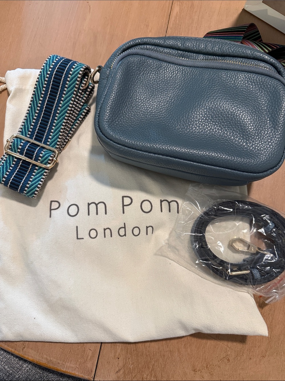 Pom Pom London Blue Pebbled Leather Key & Card Holder Crossbody